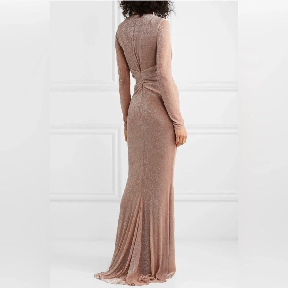 NEW Talbot Runhof Nominee Deep V Long Sleeve Metallic Lurex Gown - Picture 2 of 5